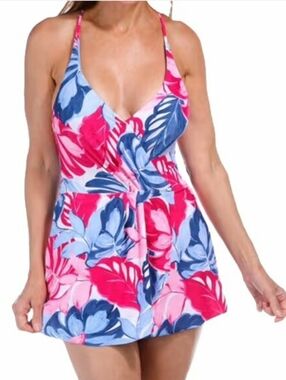 NWOT Stella Parker One Piece Swimsuit. Faux Wrap. Tropical, Floral. Blue,Pink. M